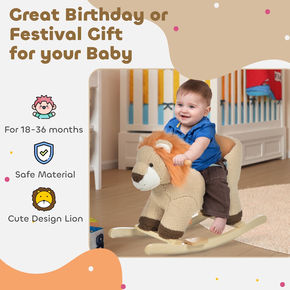 image 1 of HOMCOM Baby Rocking Horse, Plush Ride on Lion Seat for Toddlers 18-36 Months with Sound, Safety Belt, Wood Base, Animal Rocker for Children, Brown