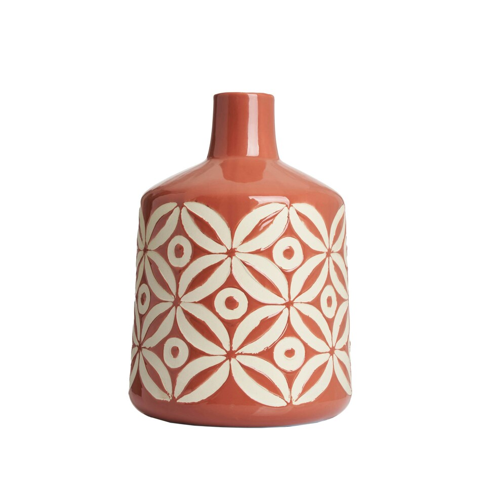image 1 of BHS Petal Patterned Ceramic Vase, Terracotta Orange | Terracotta