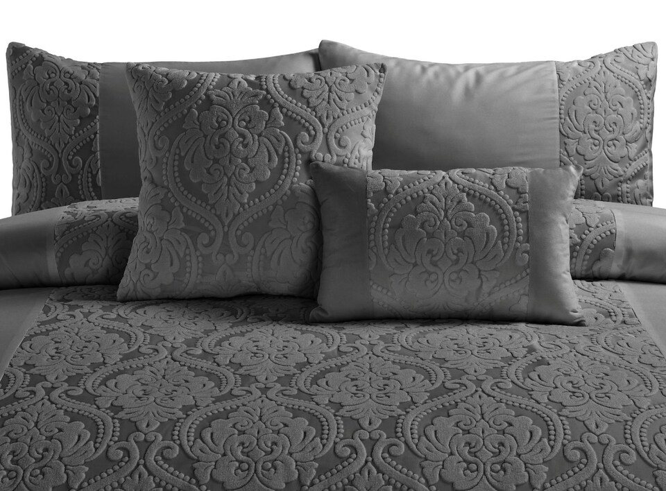 image 1 of Homes Linen Damask Velvet Duvet Cover Set with Pillowcases Luxury Jacquard Textured Quilt Cover Soft Elegant Bedding Set | Clear | Charcoal | Double