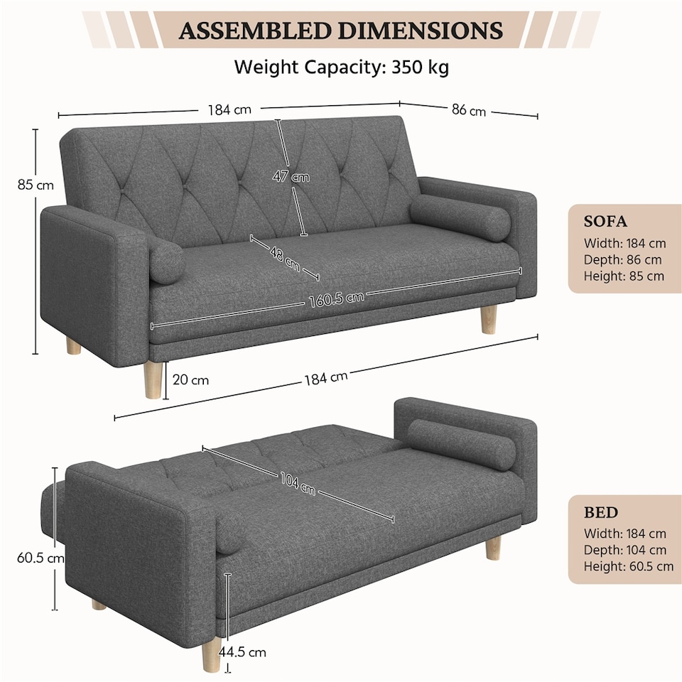 image 1 of Yaheetech Fabric Convertible Sofa Bed with 2 Bolster Pillows-Dark Grey