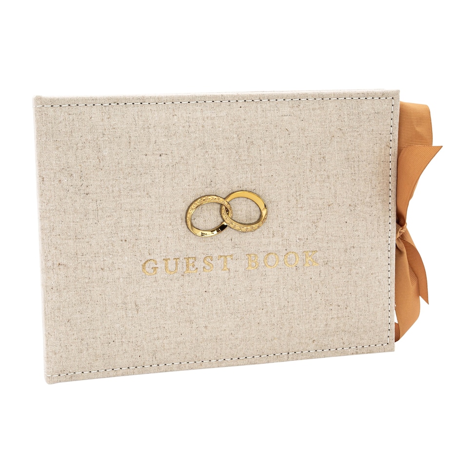 image 1 of Natural Linen Fabric Wedding Day Guest Book with Shiny Gold Rings