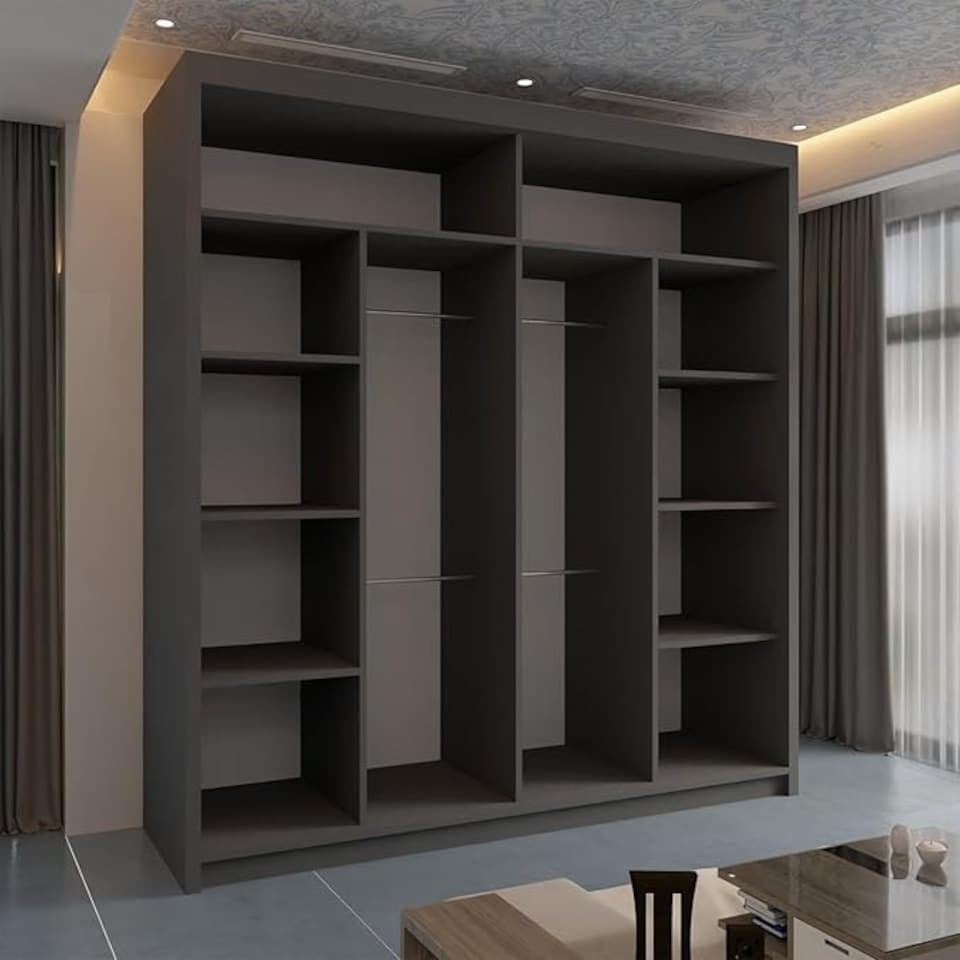 image 1 of Modern Sliding Wardrobe 203cm with Wavy Mirror Design | White, Black, Grey, Oak Finish Grey | Grey203cm