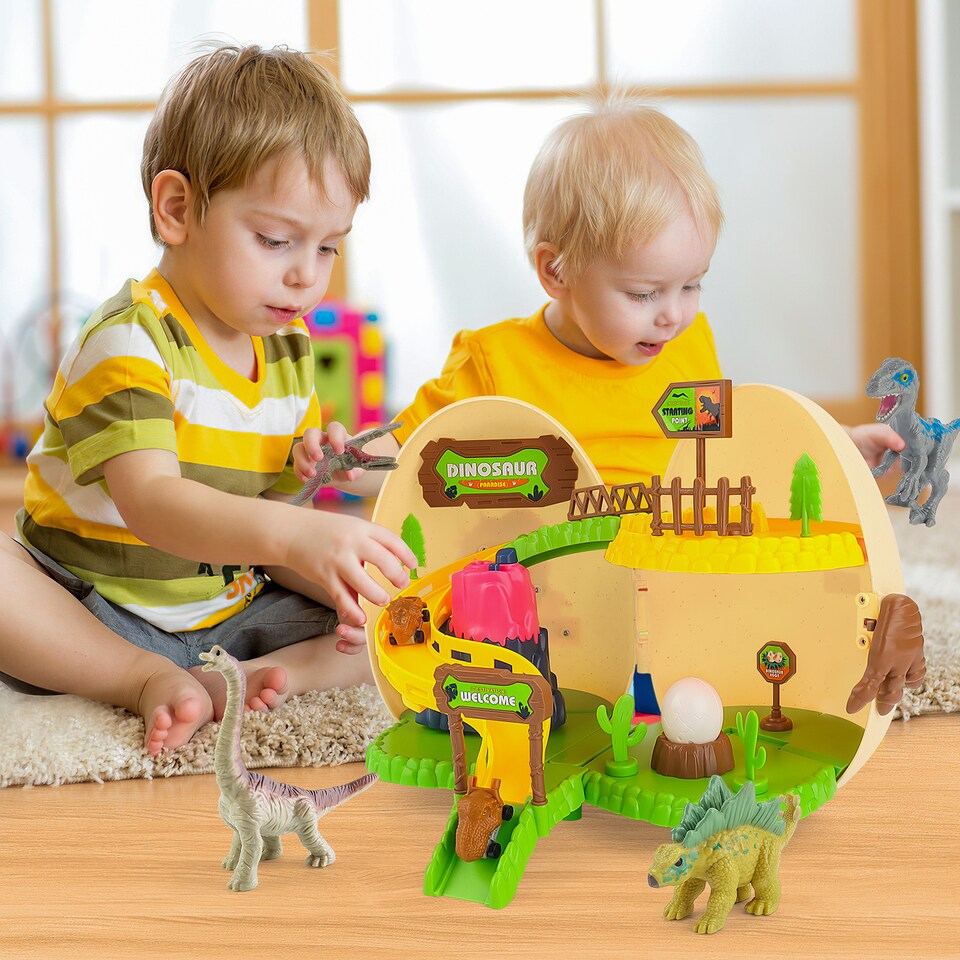 image 1 of 26-Piece Dinosaur EGG Toy Set – Dinosaurs, Slide Track, Mini Dino Car & Electric Volcano!