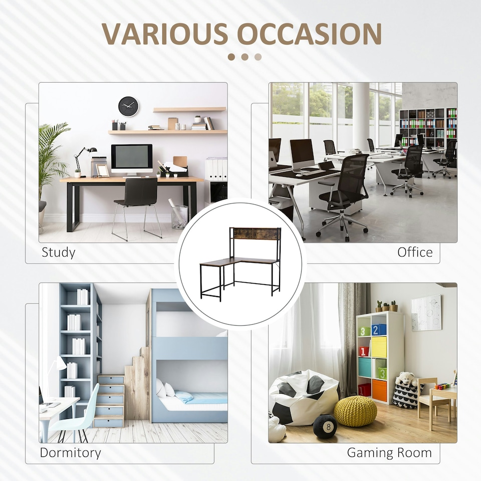 image 1 of HOMCOM Industrial L-Shaped Work Desk & Storage Shelf Steel Frame Adjustable Feet
