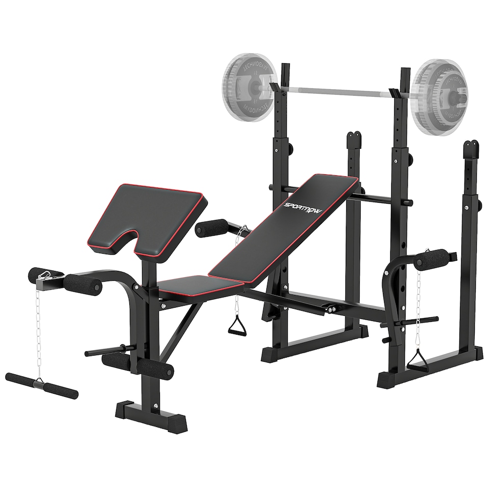 image 1 of SPORTNOW Weight Bench with Two Barbell Racks, Preacher Curl Bench