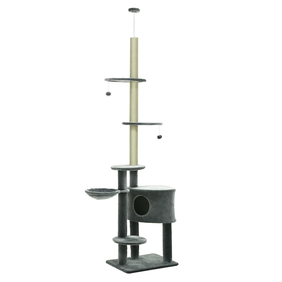 image 1 of PawHut Floor to Ceiling Cat Tree Adjustable Height 220-265cm, Dark Grey