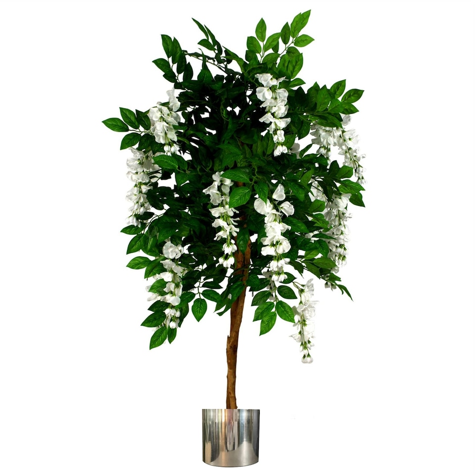 image 1 of 130cm Luxury Artificial Wisteria Tree White Flowers - Premium Range Silver Metal Planter