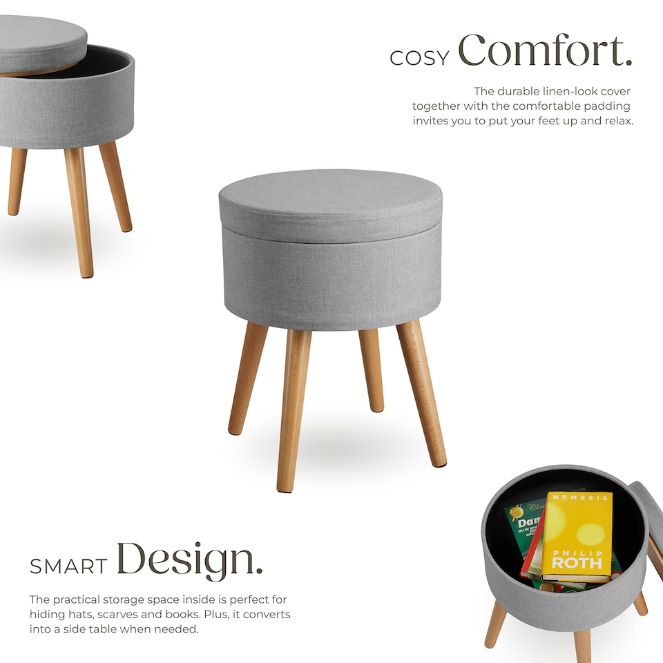 image 1 of Stool Yara - round, padded, with storage space, linen look | Grey | light grey | 42,50 x 42,50 x 45,50 cm | 1