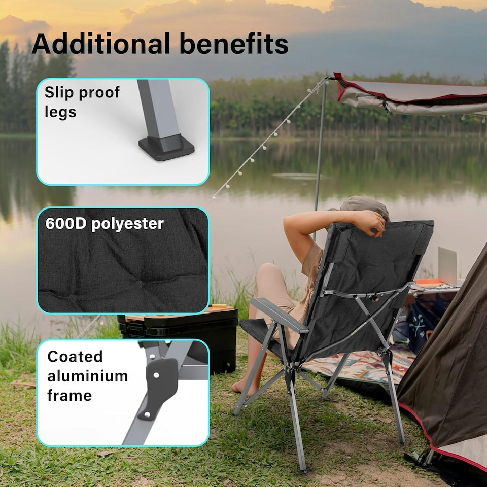 image 1 of Luxury Adjustable Camping Chairs Heavy Duty Outdoor High Back Padded Folding - 1 Black Chair Black