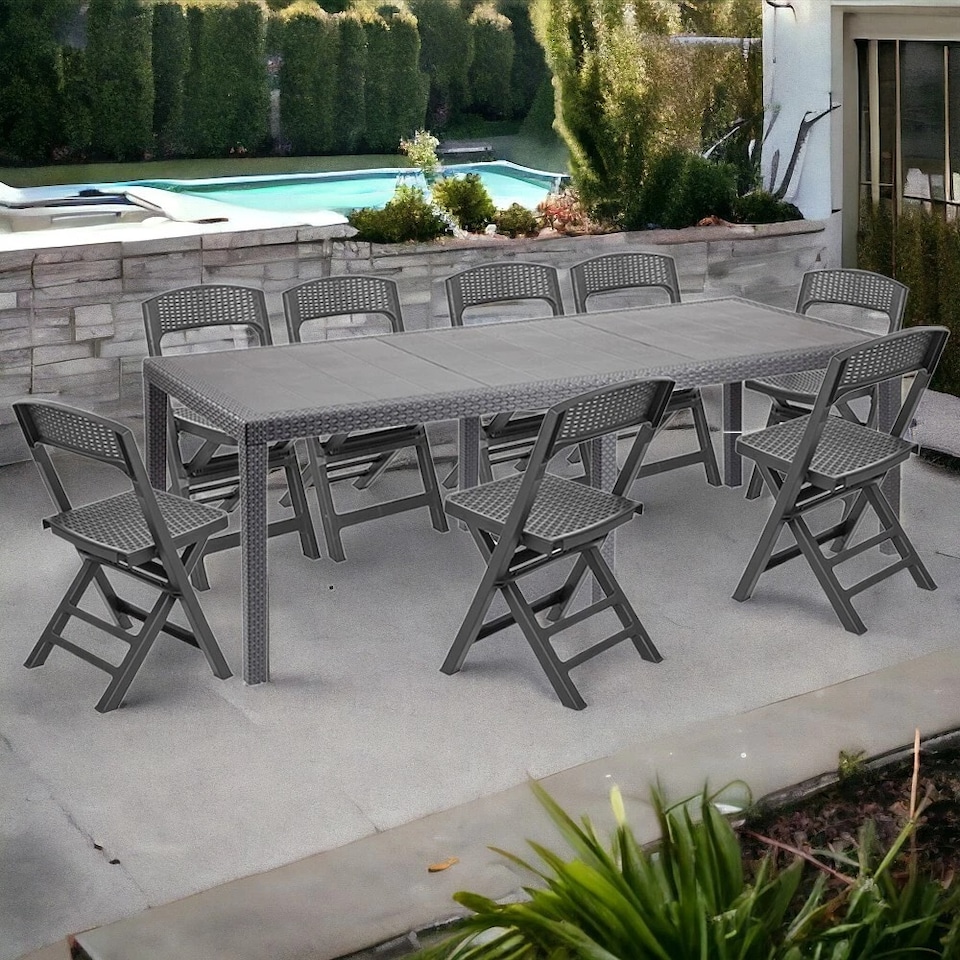 image 1 of Long Anthracite Garden Dining Table & Foldable Chairs Set Outdoor Furniture