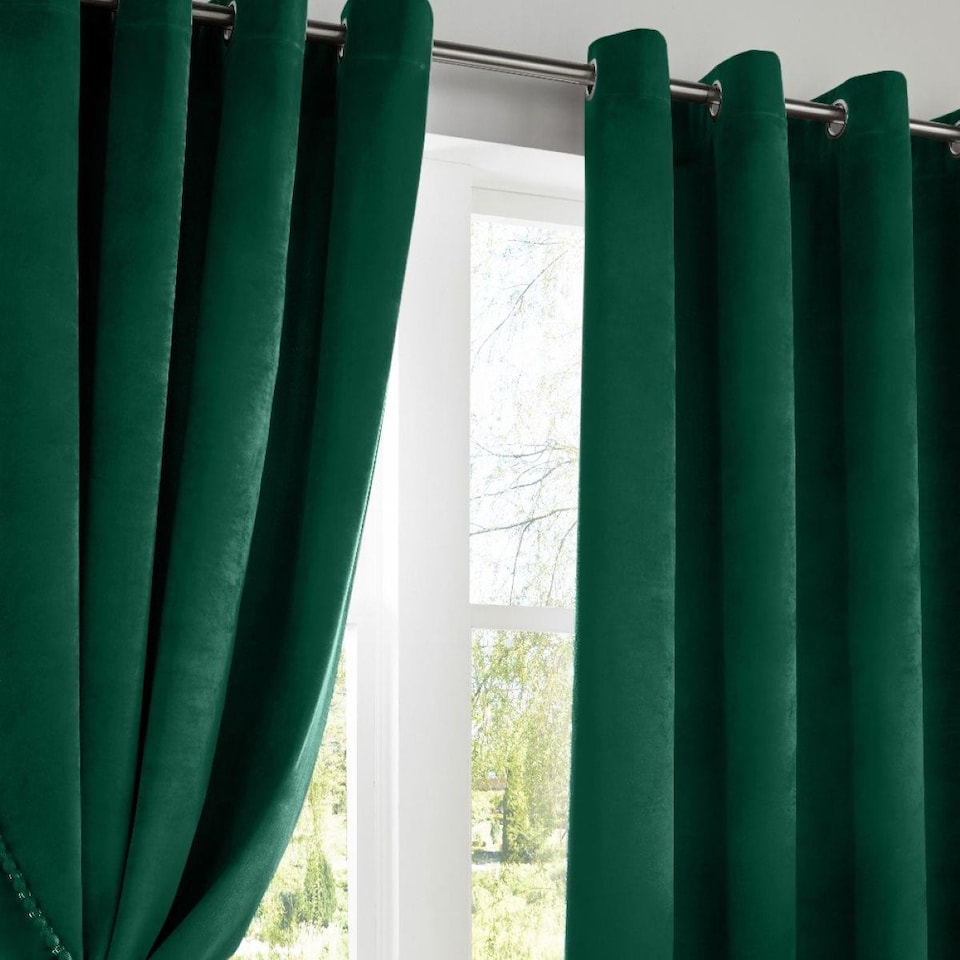 image 1 of Velvet Thermal Blackout Eyelet Curtains Ready Made Pair - 168cm x 183cm - Green
