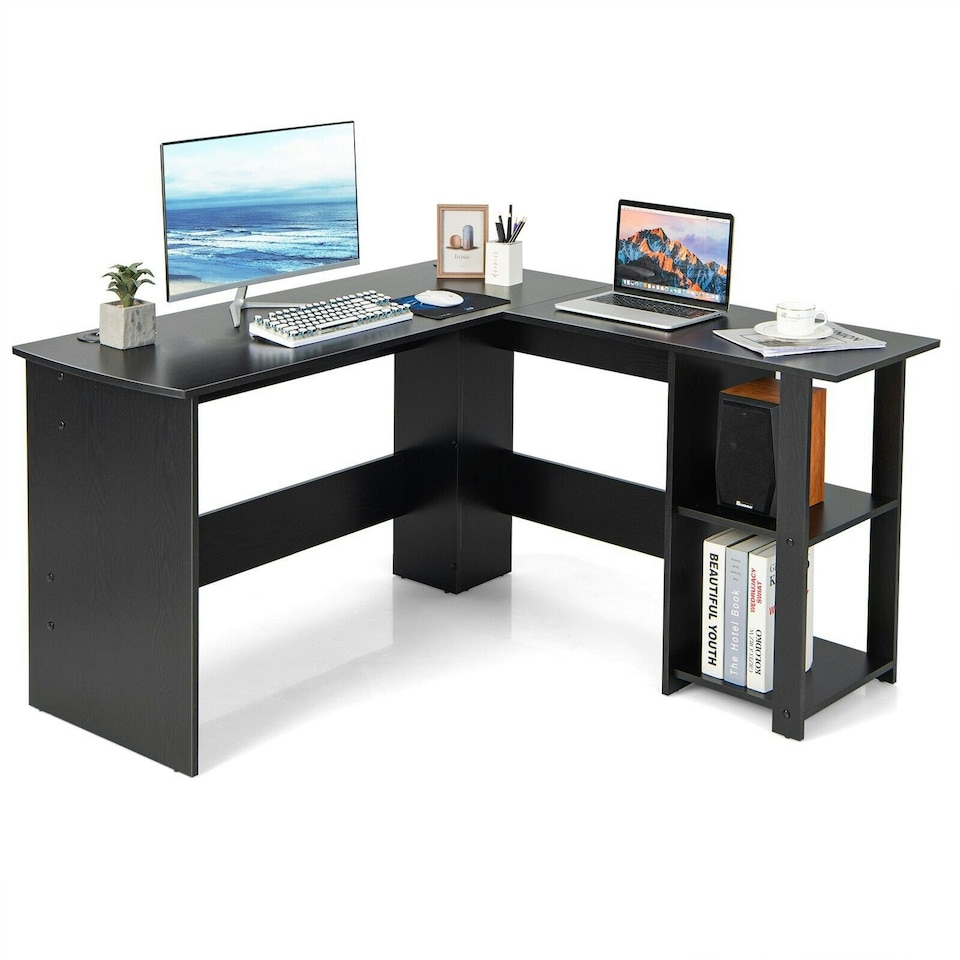 image 1 of COSTWAY L-Shaped Corner Computer Desk Writing Desk Workstation Black