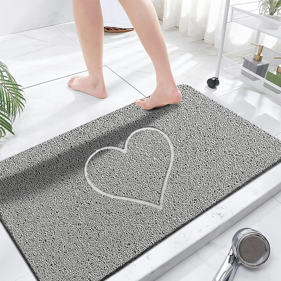 image 1 of Embossed Spaghetti Loofah Anti Slip Shower Mat - Heart Grey | Rectangular 90x60cm