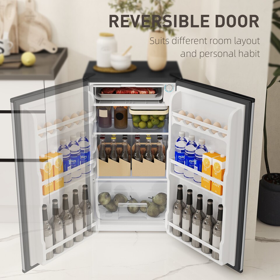 image 1 of HOMCOM Under Counter Fridge, 91L Small Fridge with Chiller Box, Removable Shelf, Reversible Door, Adjustable Legs, Mini Refrigerator,  Silver Tone | Silver