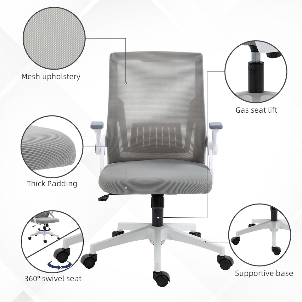 image 1 of Vinsetto Mesh Office Chair, Desk Chair with Lumbar Support, Flip-up Armrest, Swivel Wheels, Adjustable Height, Grey