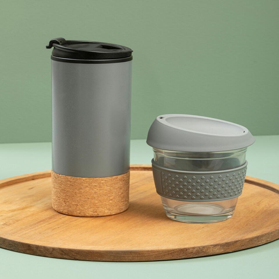 image 1 of Interiors by Premier Glass Mug With Grey Silicone Lid, Glass Coffee Mug With Silicone Lid and Cork Wrap, Glass Mug With Lid