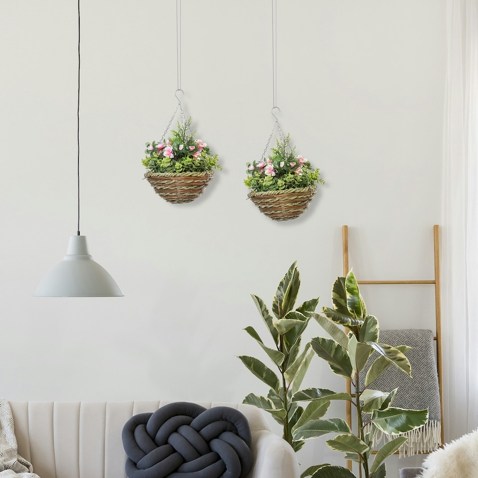 image 1 of Outsunny 2 PCs Artificial Lisianthus Flower Hanging Planter Basket Home