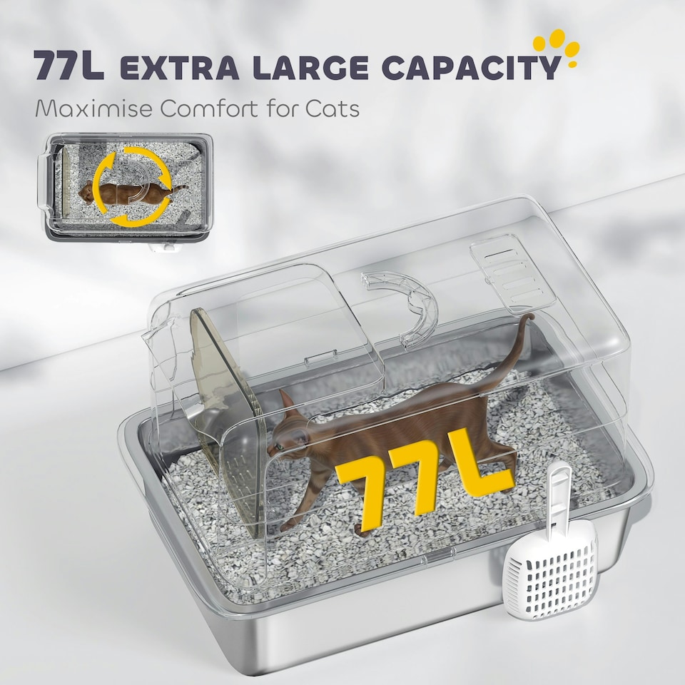 image 1 of PawHut Stainless Steel Cat Litter Box with Removable Lid, Scoop | White | One Size