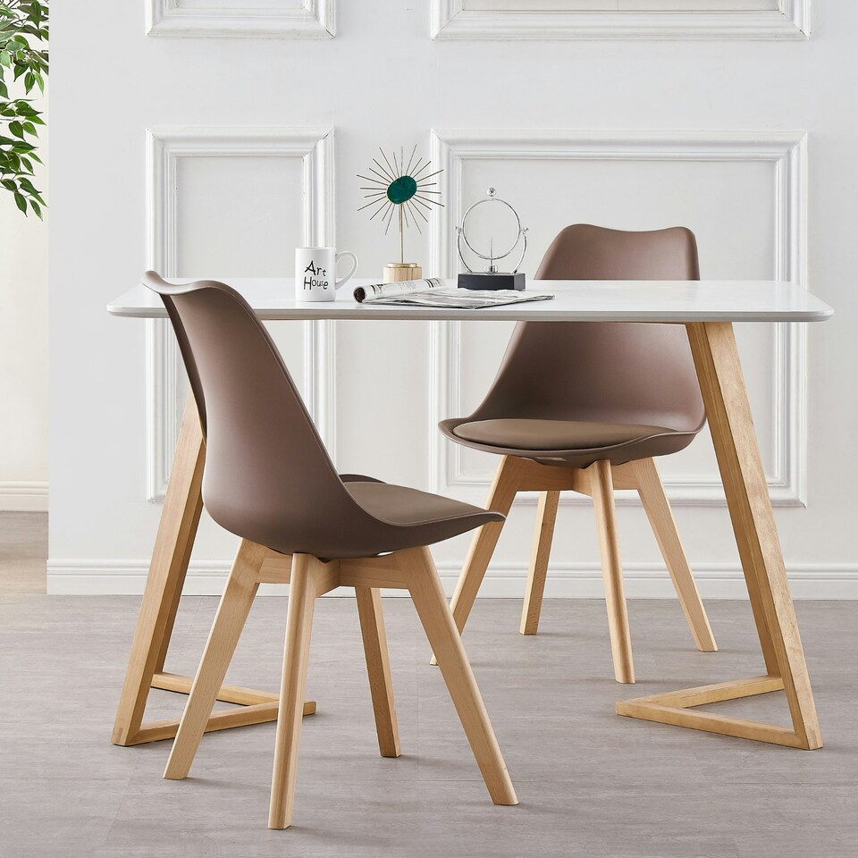 image 1 of Single Scandinavian Dining Chair with Leather Cushions Solid Wood Legs Brown