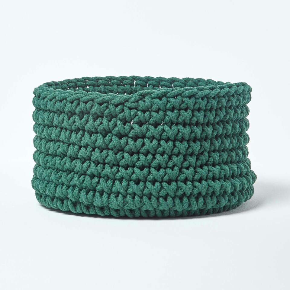 image 1 of Homescapes Forest Green Cotton Knitted Round Storage Basket - 37 x 21cm Green | M