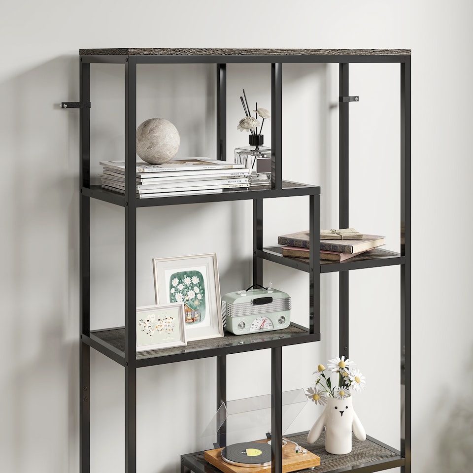 image 1 of HOMCOM 7-Tier Bookshelf, Geometric Bookcase, Industrial Floor Standing Book Shelf, Open Display Shelving Unit for Living Room, Home Office and Bedroom, Grey and Black | Black | Grey and Black