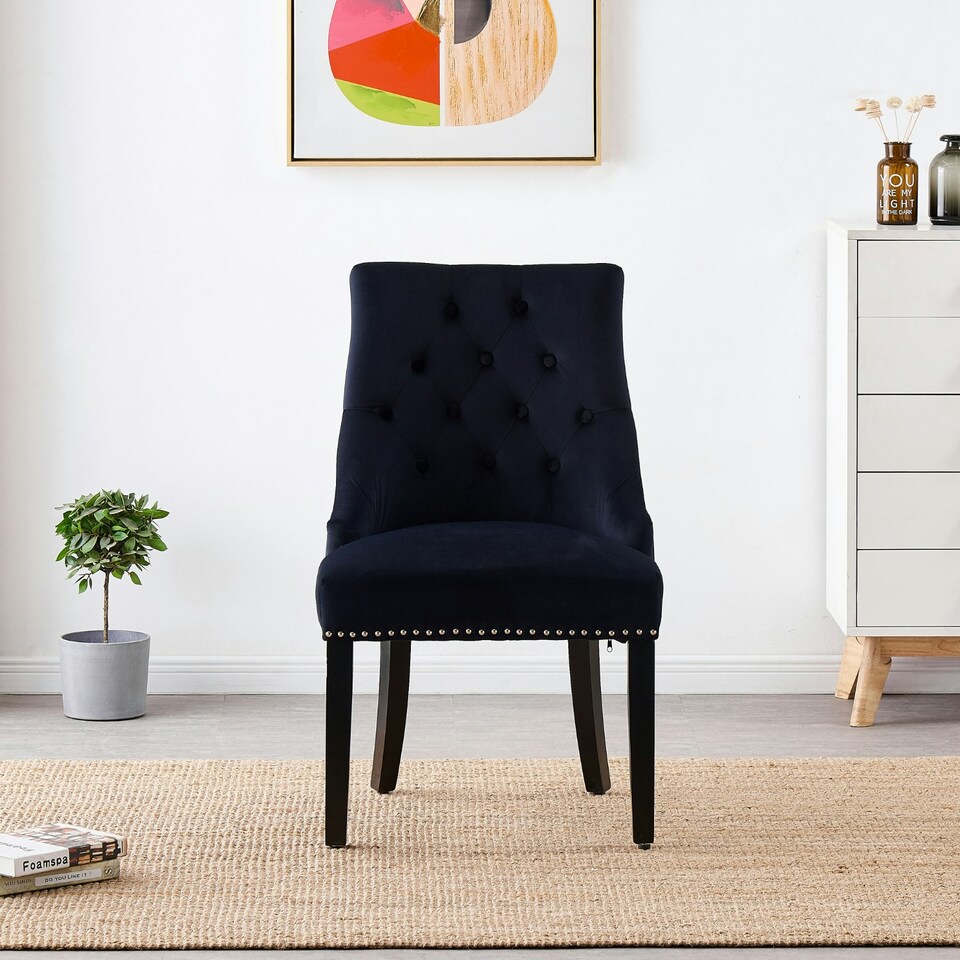 image 1 of Single Velvet Dining Chair Ergonomic Scoop Knockerback & Button Tufted Wood Legs Black