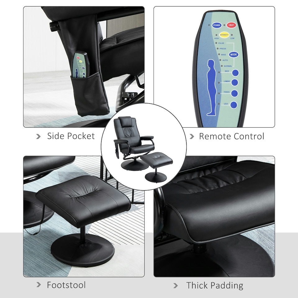 image 1 of HOMCOM Massage Recliner Chair Cushioned Ottoman 10 Point Vibration Black