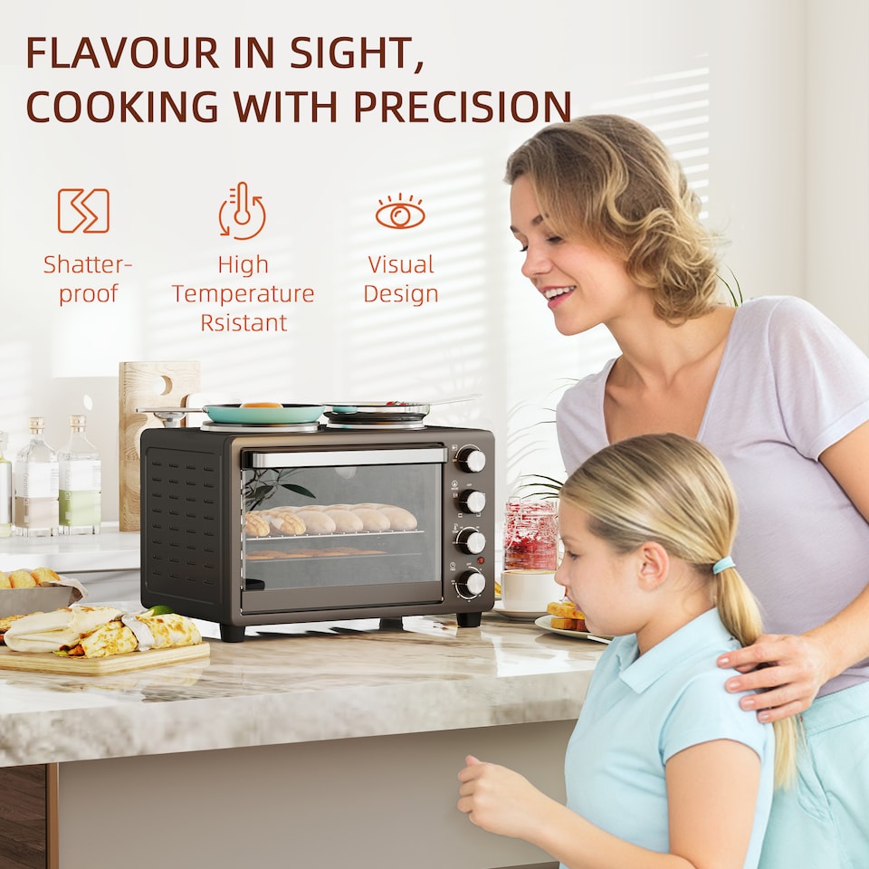 image 1 of HOMCOM 28L Countertop Toaster Oven with 2 Hot Plates, Grill, Roast, Bake | Black