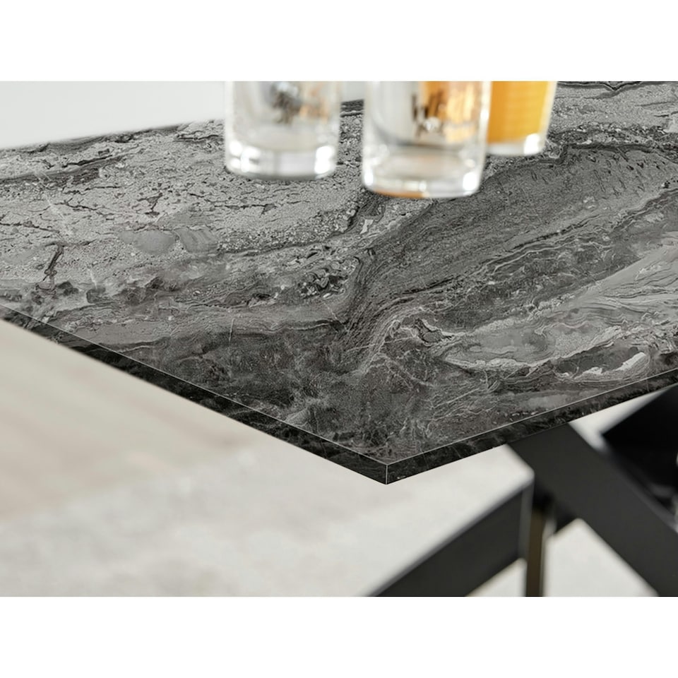 image 1 of Furniturebox Leonardo Glass Marble Top Black Legs 6 Seat Dining Table