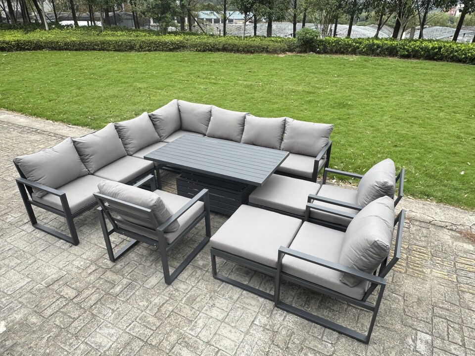 image 1 of Fimous 12 Seater Aluminium Sofa Set 11 Pieces Outdoor Garden Furniture - Rising Dining Table with Cushions 2 Big Footstools 3 Chairs Footstool Dark Grey