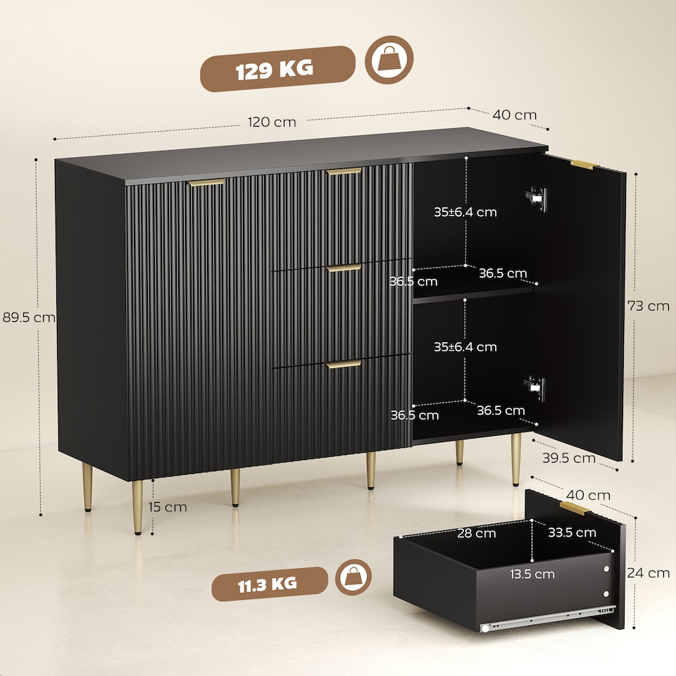 image 1 of HOMCOM Sideboard Buffet Cabinet w/ 3 Drawers and Adjustable Shelves, Black