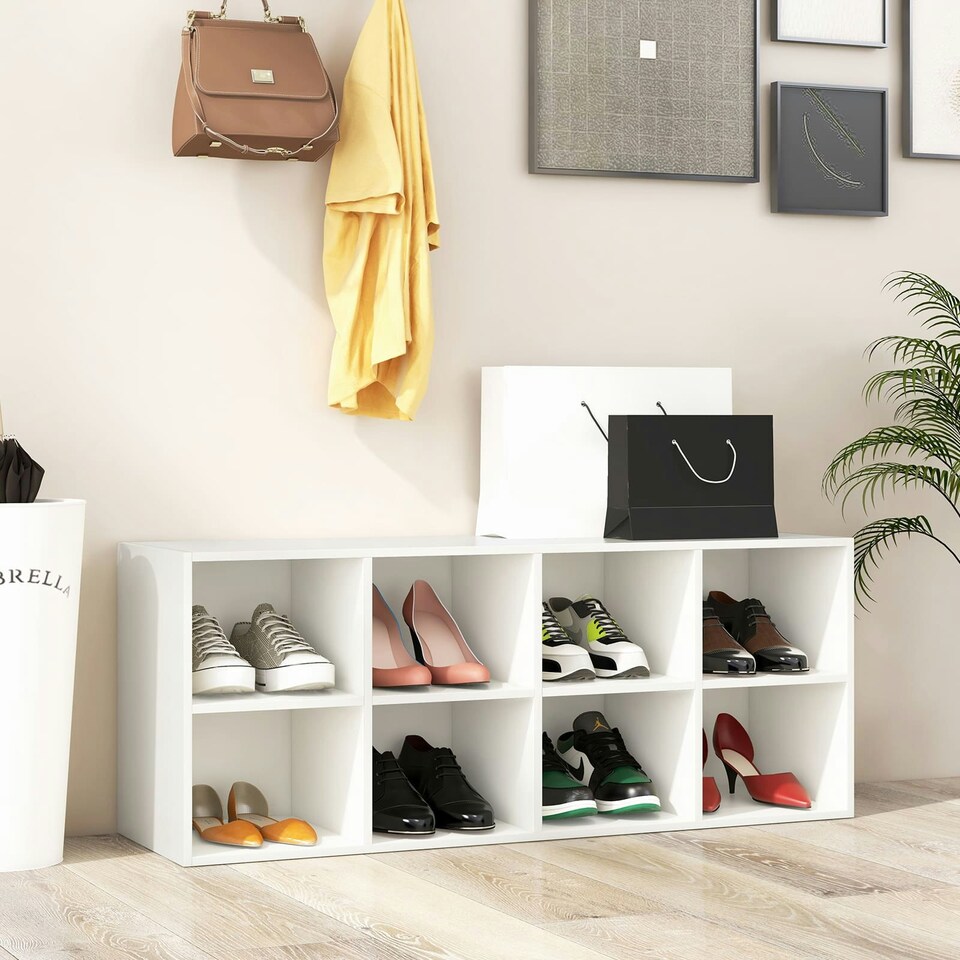 image 1 of COSTWAY 8 Grid Shoe Bench 2 in 1 Shoe Organizer Storage White White