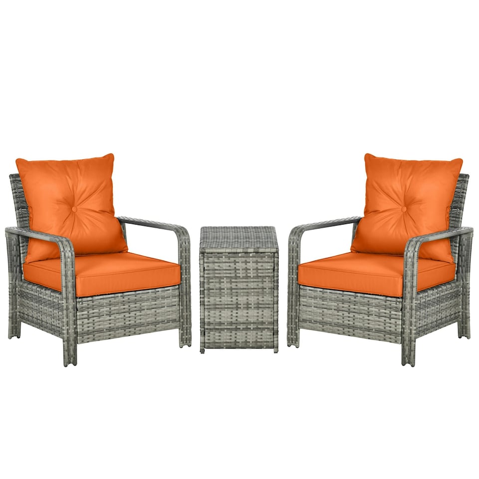image 1 of Outsunny 3 PCs PE Rattan Garden Sofa Set with 2 Chairs & Storage Table Orange