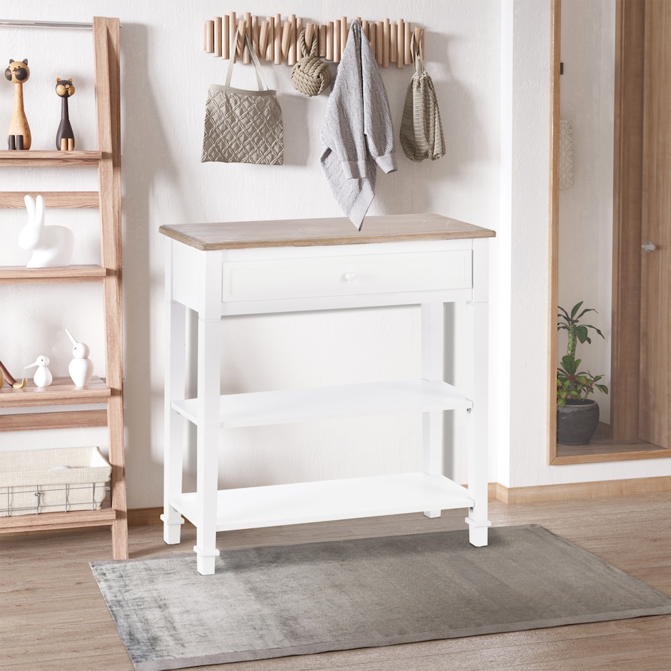 image 1 of HOMCOM 80x75cm Console Table w/ Drawer 2 Shelves Worktop Handle Retro White
