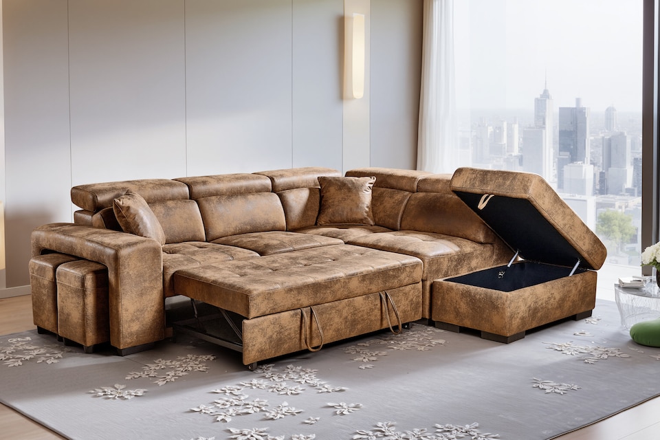image 1 of Faux Leather Suede Brown 2C1 Corner Sofabed with Storage and Ottomans AMELIA