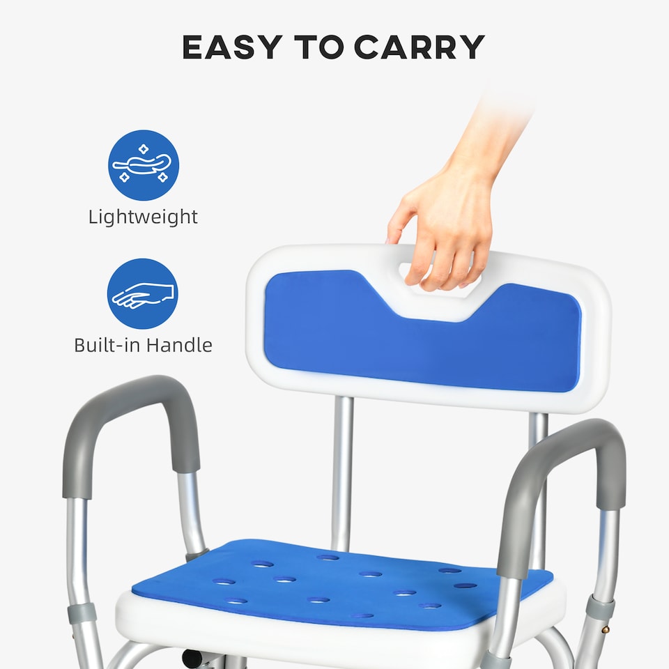 image 1 of HOMCOM EVA Padded Shower Stool with Arms and Back, 4 Suction Foot Pads Blue