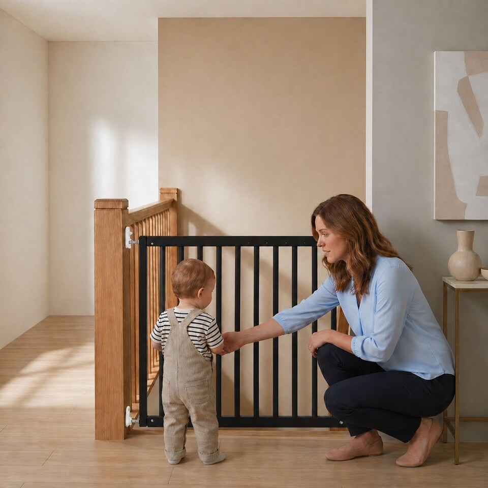 image 1 of Safetots Top of The Stairs Screw Fitted Stair Gate, Black Wooden, 63.5cm - 105.5cm, Wood Baby Gate, Screw Fit Safety Barrier, Stylish and Practical Safety Gate