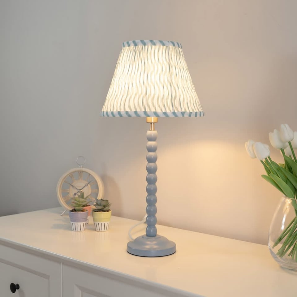 image 1 of ValueLights Bobbles Powder Blue Table Lamp Green Arrow Pleat Shade & Bulb | Green
