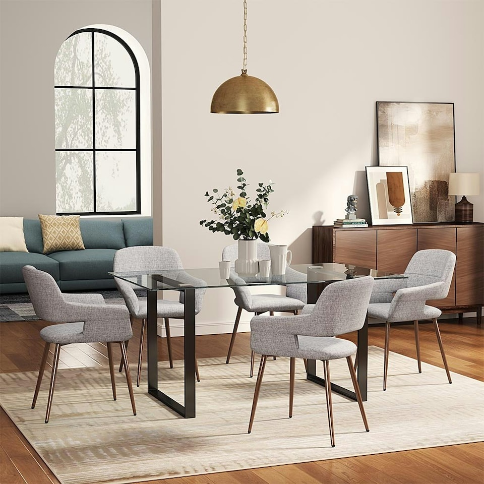 image 1 of Living and Home Modern Rectangle Tempered Glass Dining Table with Black Base