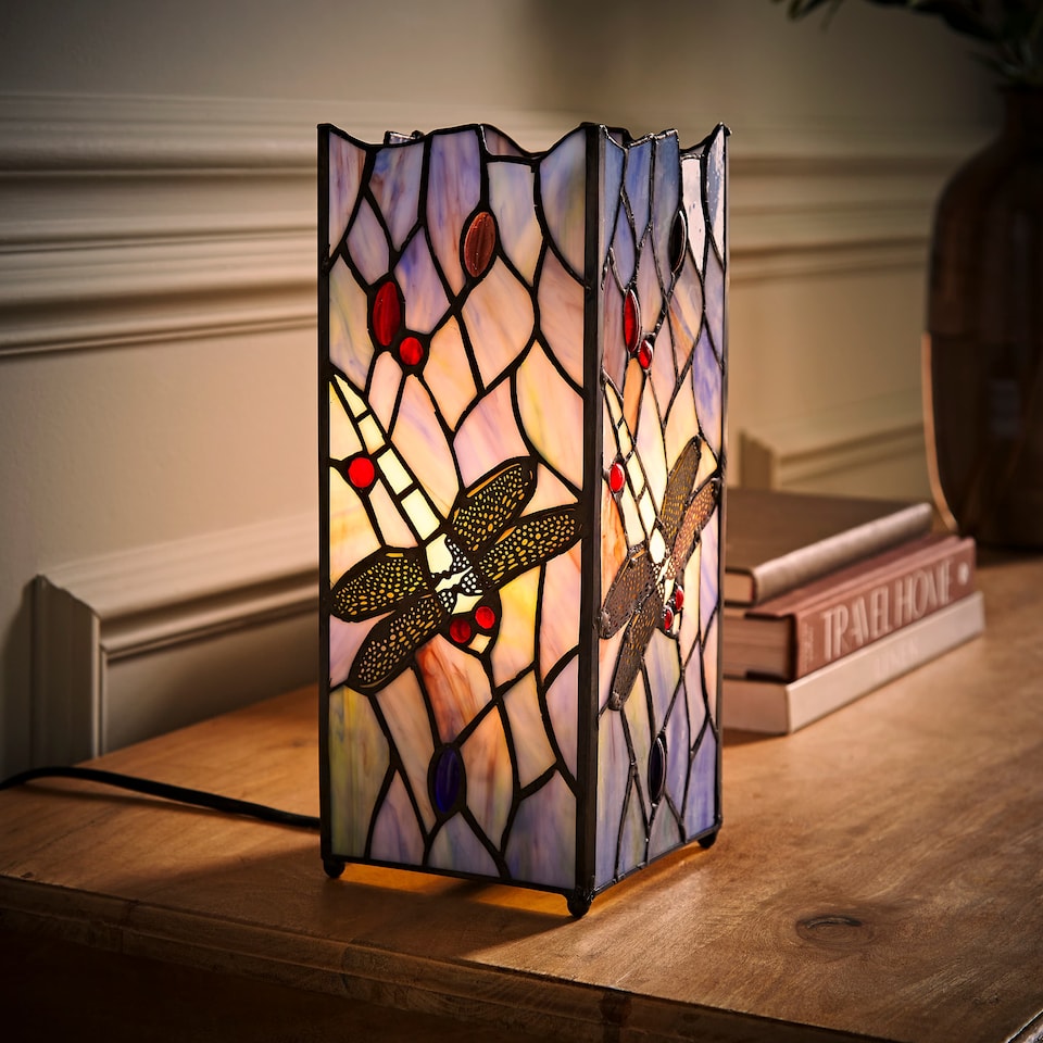 image 1 of ValueLights Tiffany Inspired Dragonfly Square Glass Table Lamp