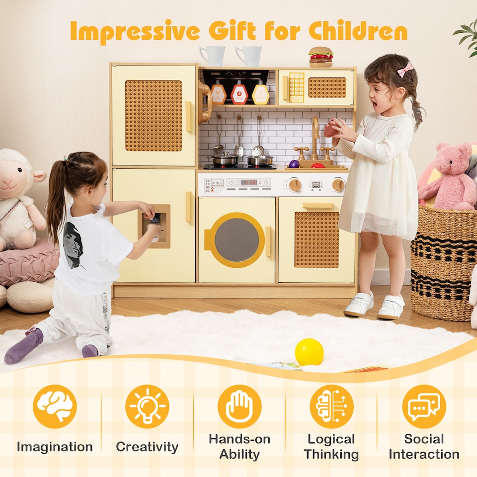 image 1 of COSTWAY Wooden Kids Kitchen Playset Pretend Play Kitchen Sounds Lights Yellow