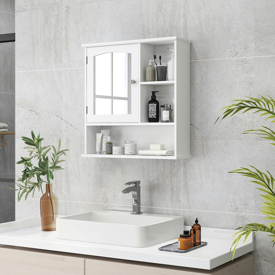 image 1 of kleankin Wall Mounted Bathroom Mirror Glass Storage Cabinet Cupboard with Shelf