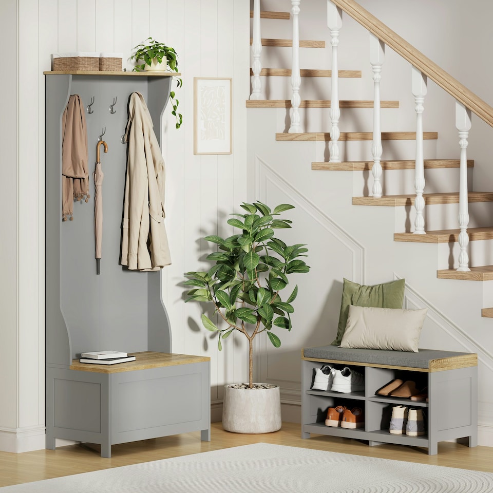 image 1 of VonHaus Grey Coat Rack Stand and Shoe Storage Bench for Hallway