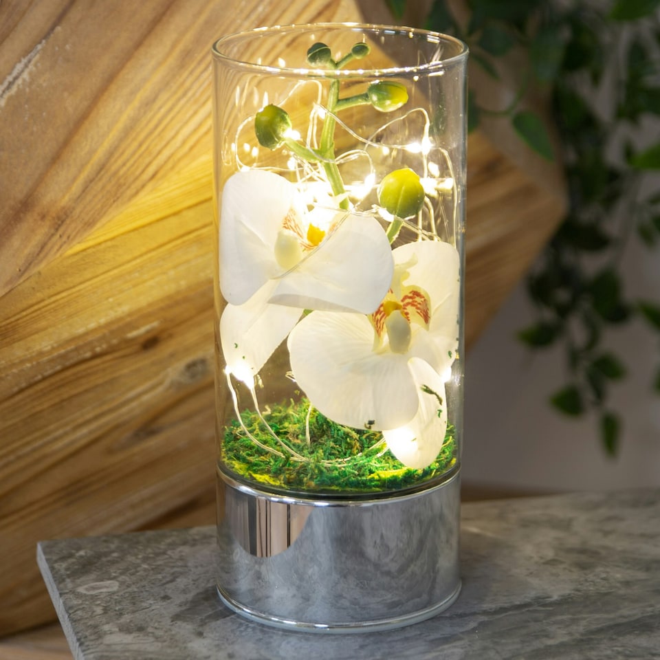 image 1 of Glass Tube Vase with White Flowers and LED Lights
