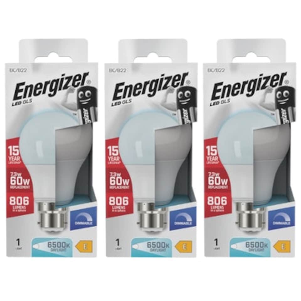 image 1 of Energizer LED GLS B22 806lm 7.3W 6500K (Daylight) Dimmable Light Bulb - Pack of 3