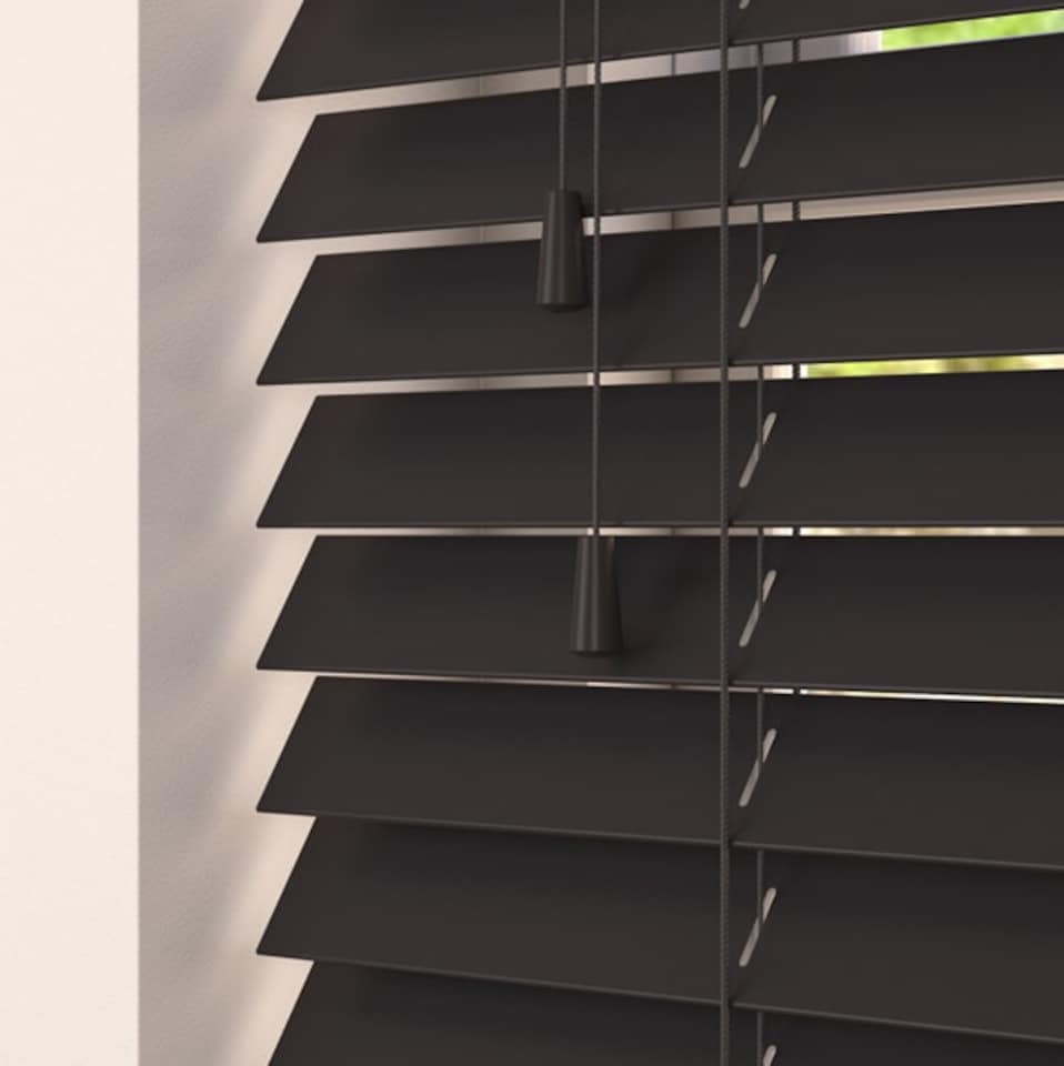 image 1 of 80cm Onyx Smooth Finish Faux Wood Venetian Blinds with Strings (120cm Drop) | Black | Black