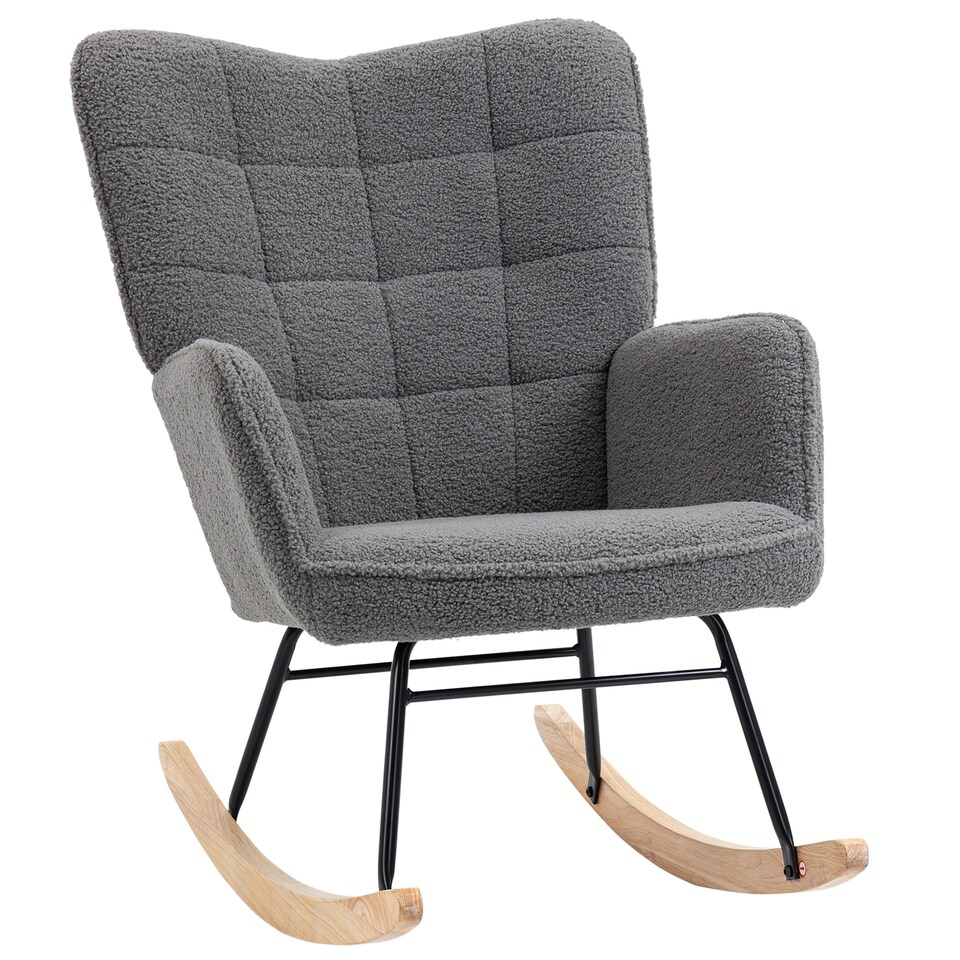 image 1 of HOMCOM Wingback Rocking Chair with Wooden Base, Upholstered Fleece Glider Rocker for Nursing, Modern Armchair - Dark Grey