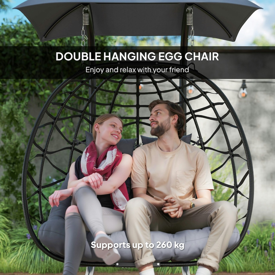 image 1 of Outsunny Rattan Double Hanging Egg Chair with Canopy, Cushion, Black