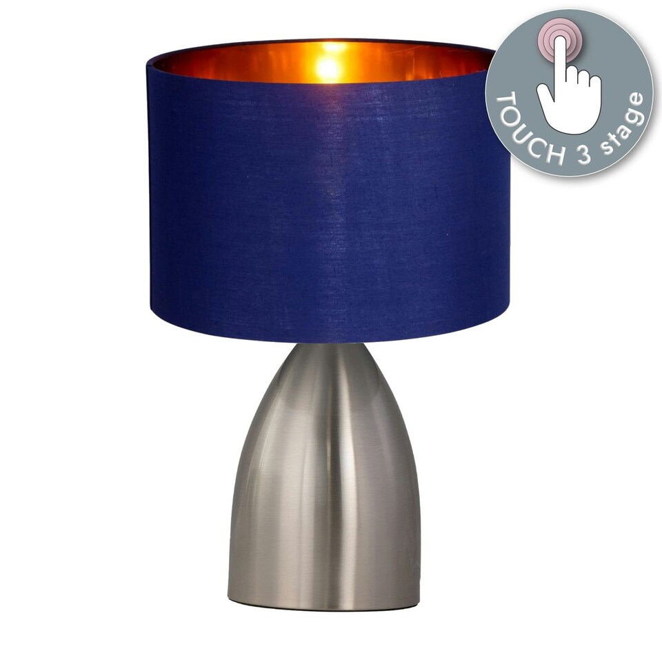 image 1 of First Choice Lighting Valentina Brushed Chrome Touch Lamp with Navy Blue Gold Shade Silver | Blue
