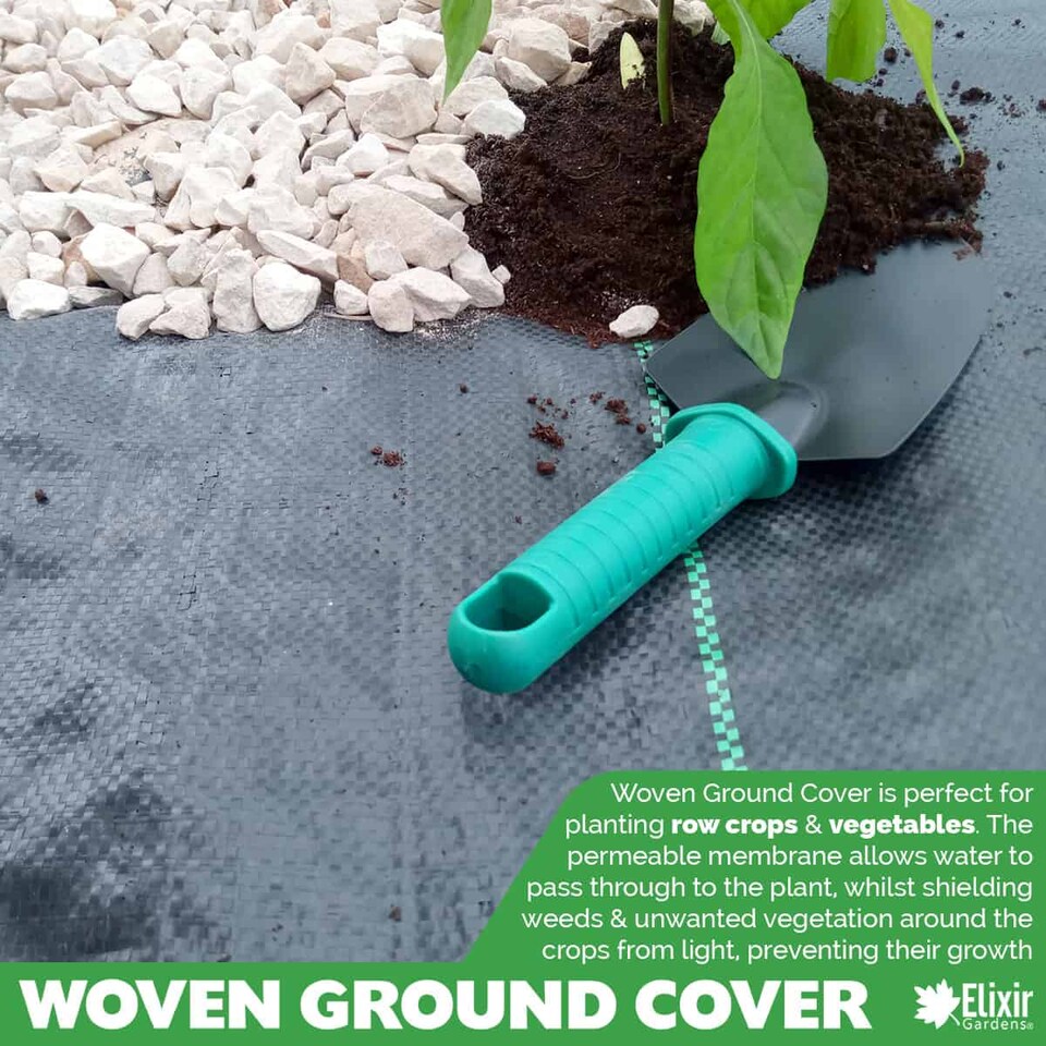 image 1 of Elixir Gardens 5m Wide Woven Weed Control Landscape Fabric/Membrane + 2 Pegs per M (5m x 5m + 10 pegs)
